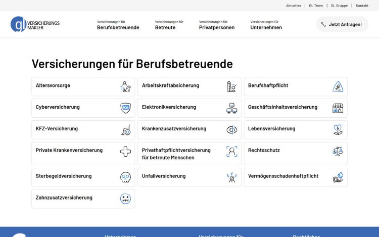 Seite „Versicherungen für Berufsbetreuende“ mit den Versicherungen als Kacheln