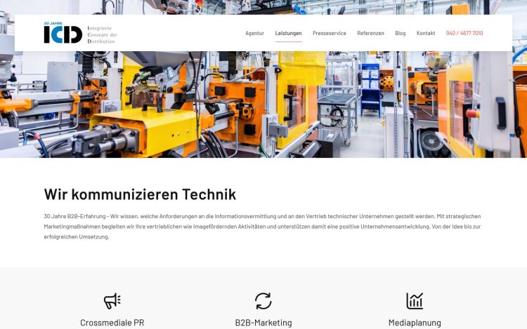 Seite „Leistungen“ mit B2B-Marketing, Mediaplanung und crossmedialer PR