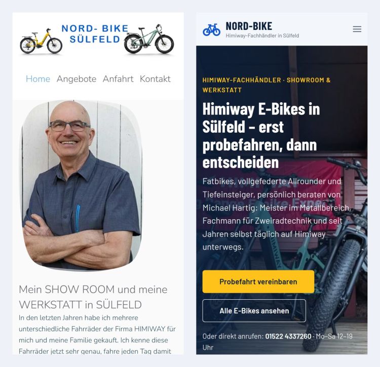 Startseite auf dem Smartphone, links die alte, rechts die neue Website