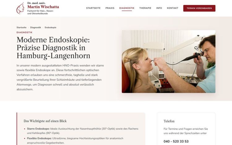 Leistungsseite Endoskopie mit Bild, Einleitung und Seitenleiste