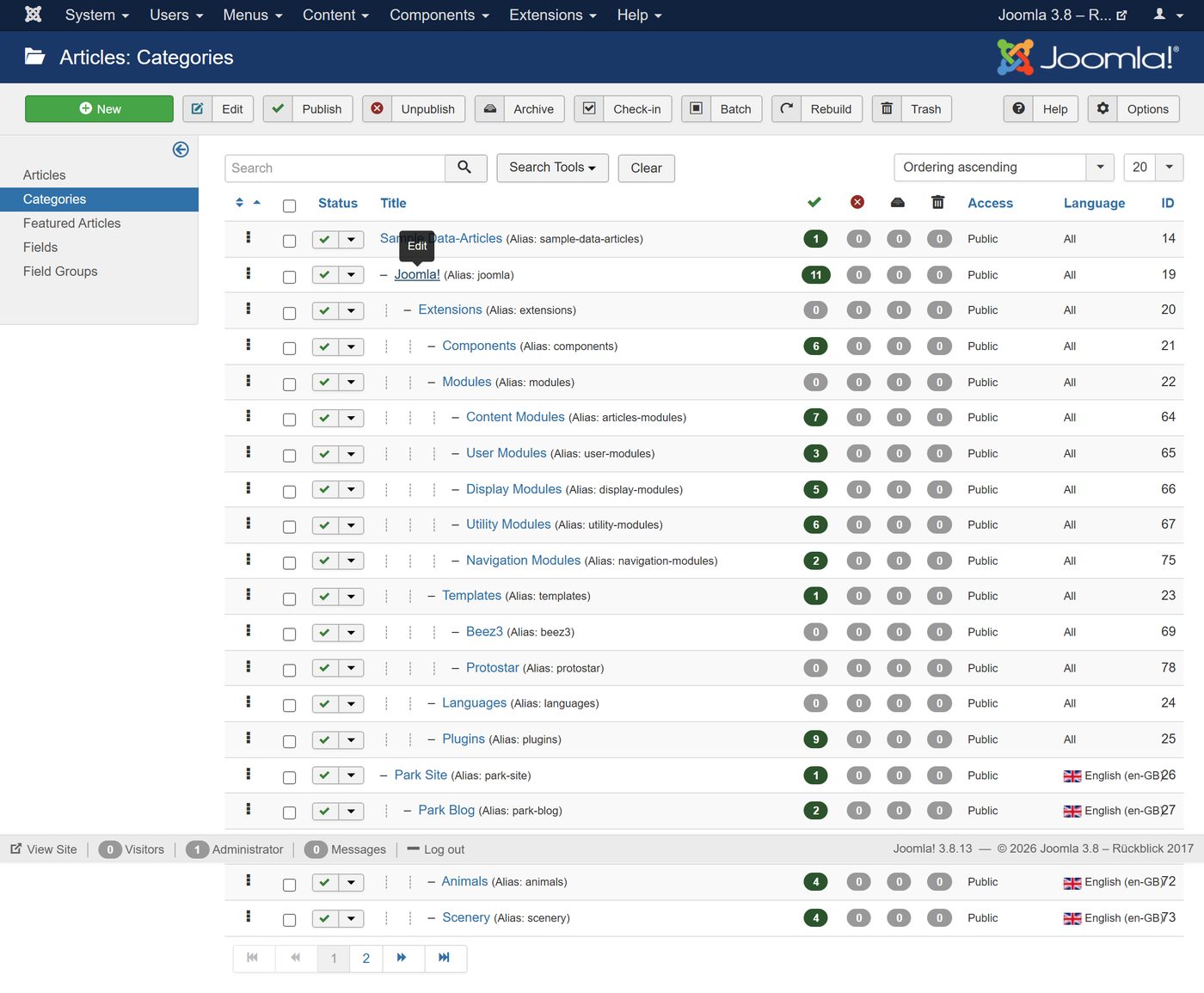 Joomla 3.8: Die Kategorien