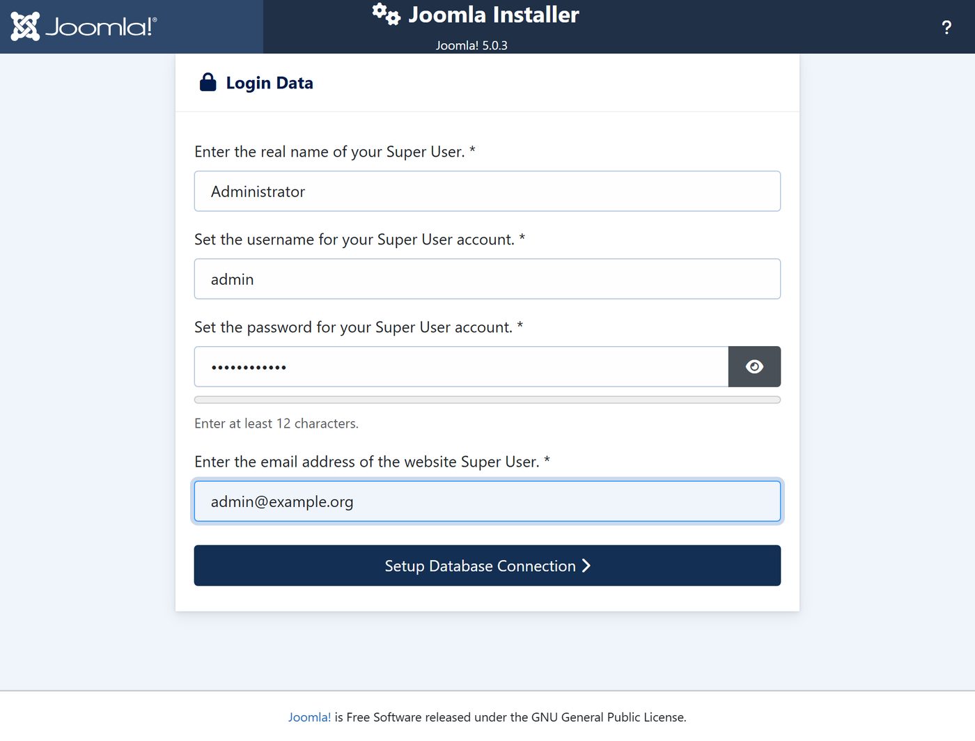 Joomla 5.0 Installer: Zugang