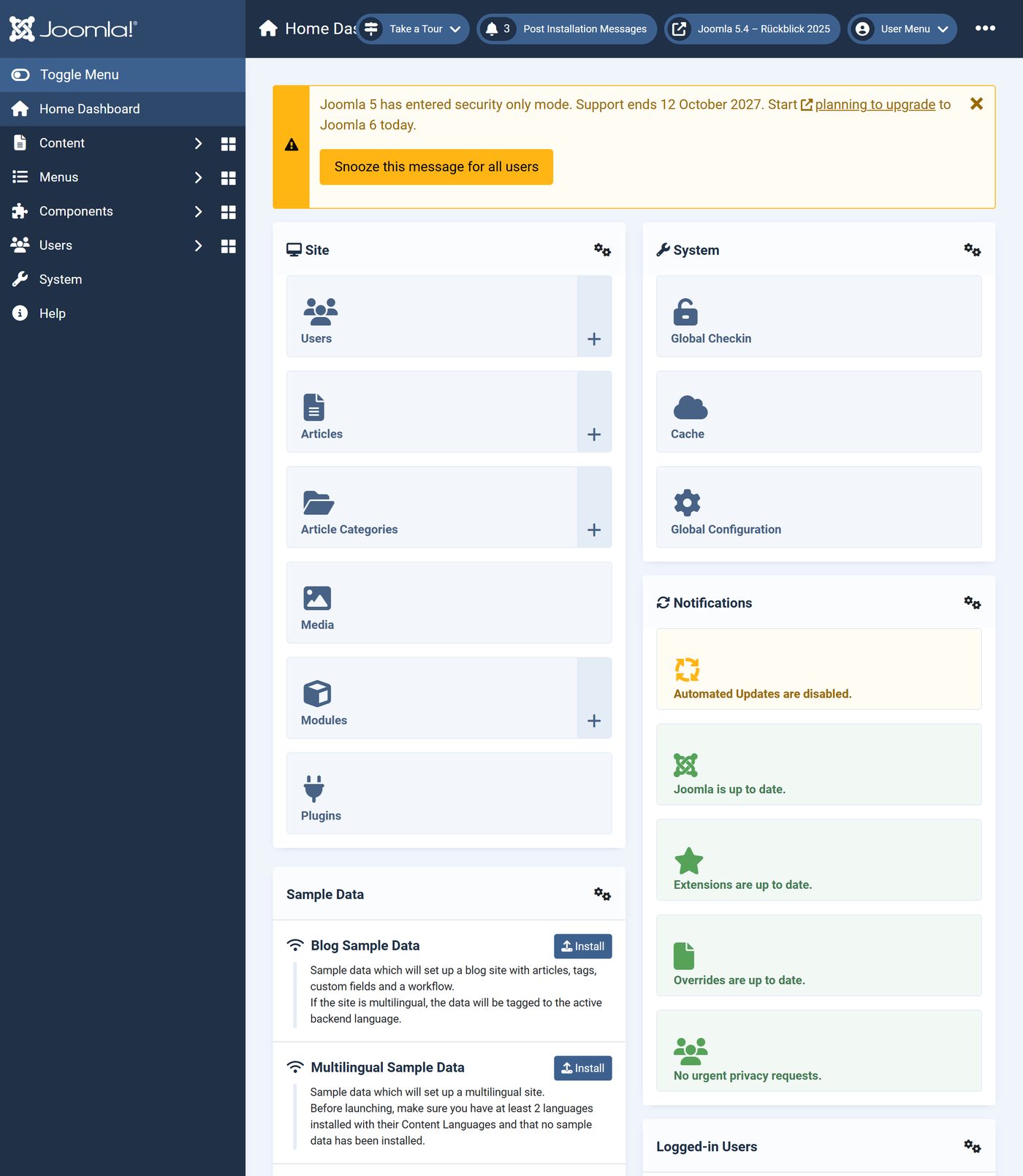 Joomla 5.4: Joomla 5.4.10 nennt heute selbst den 12. Oktober 2027 als Ende des Supports
