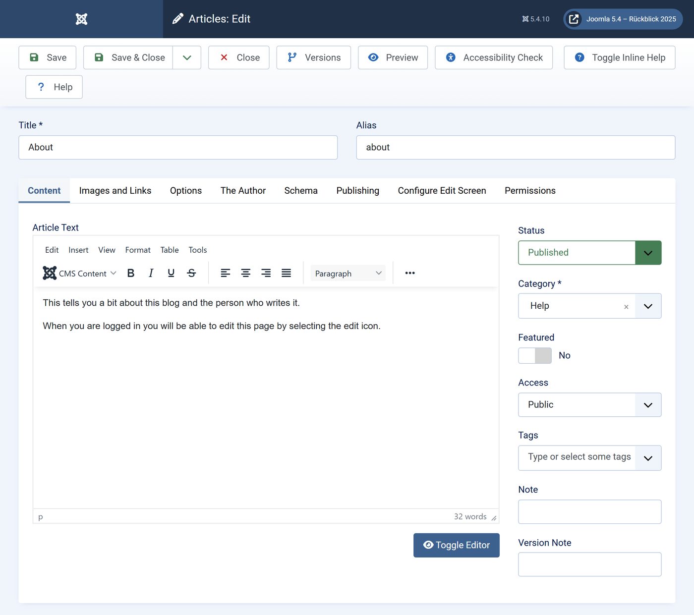 Joomla 5.4: Beitrag bearbeiten mit TinyMCE 6.8