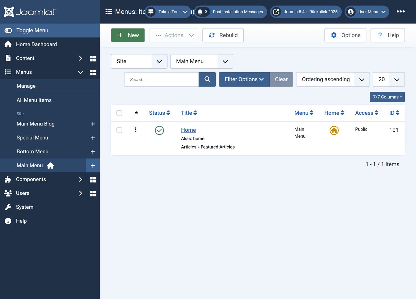 Joomla 5.4: Die Einträge des Hauptmenüs