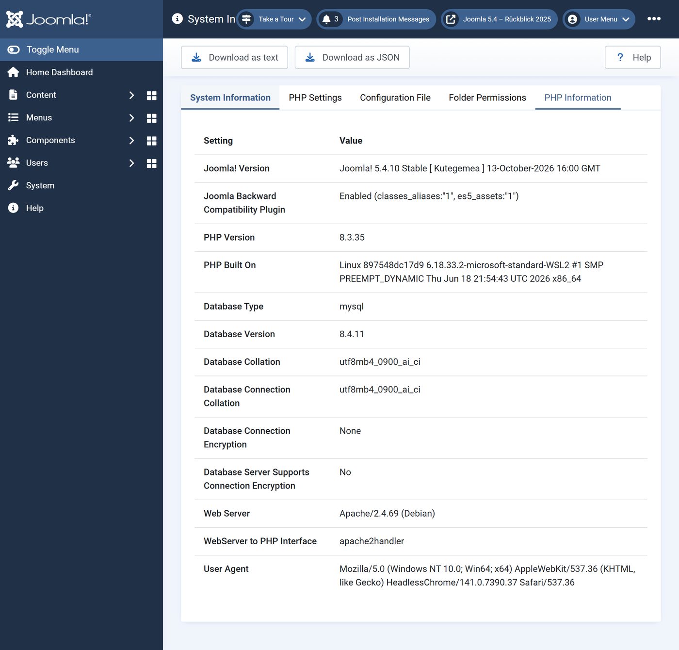 Joomla 5.4: Systeminformationen – mit PHP 8.3 aus unserer Testumgebung