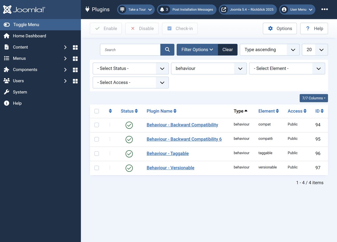 Joomla 5.4: Die Behaviour-Plugins, darunter „Backward Compatibility 6“