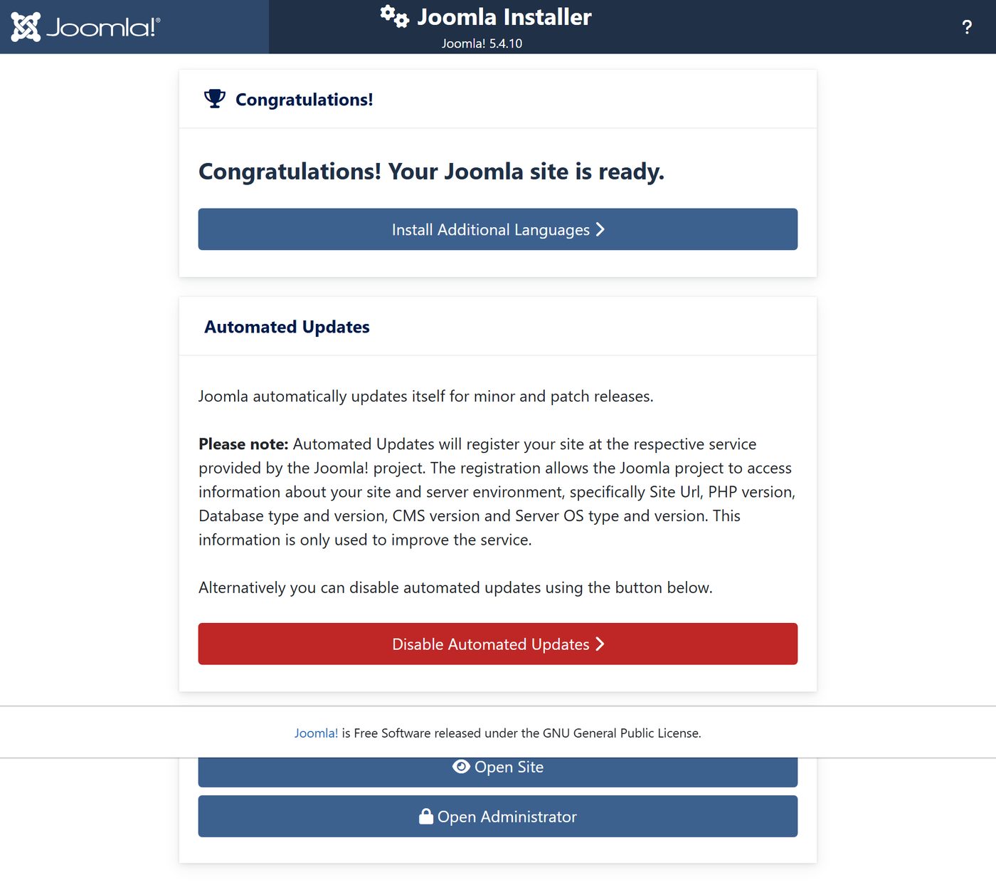 Joomla 5.4: Der Installer endet mit dem Kasten „Automated Updates“