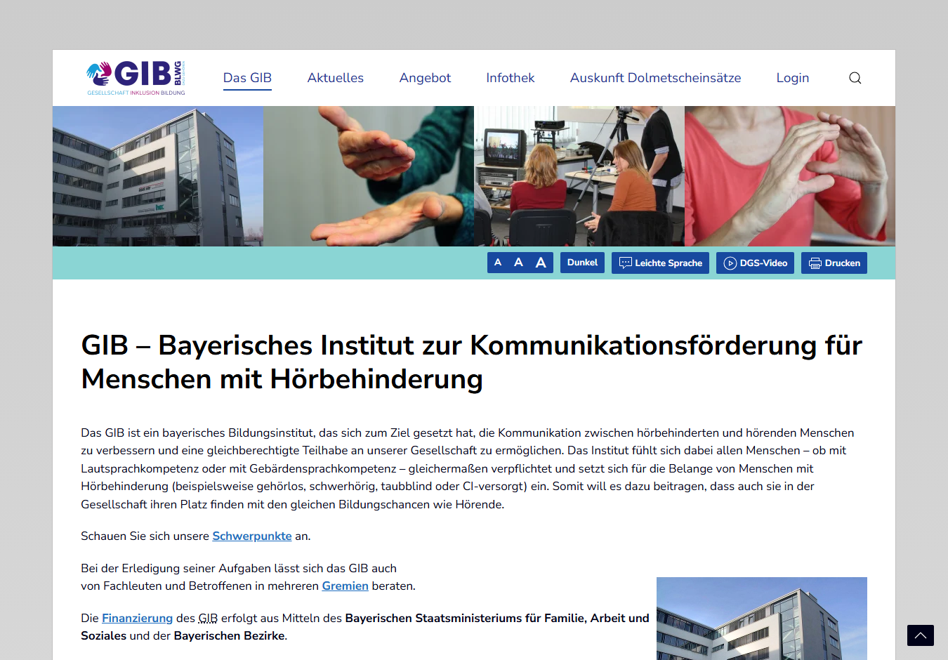 Startseite von giby.de mit den Hilfen für Schriftgröße, dunkle Darstellung, Leichte Sprache und Gebärdensprache