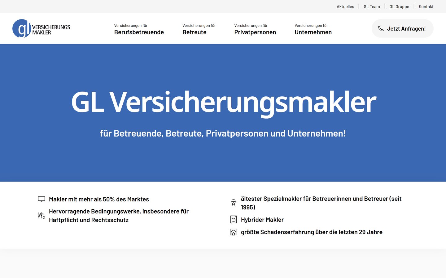 Startseite von gl-versicherungsmakler.de mit den vier Zielgruppen im Menü