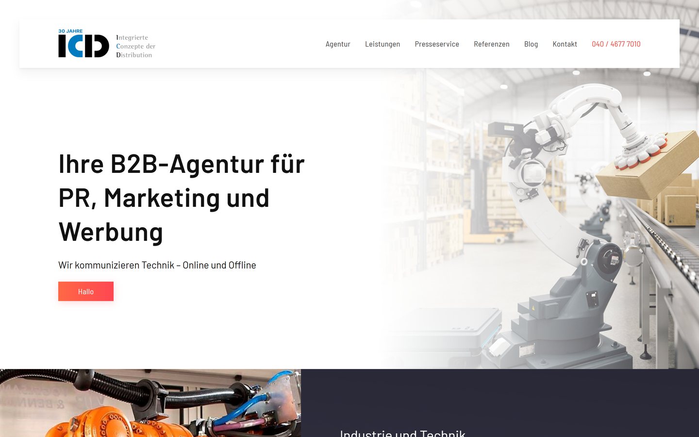 Startseite von icd-marketing.de: „Ihre B2B-Agentur für PR, Marketing und Werbung“