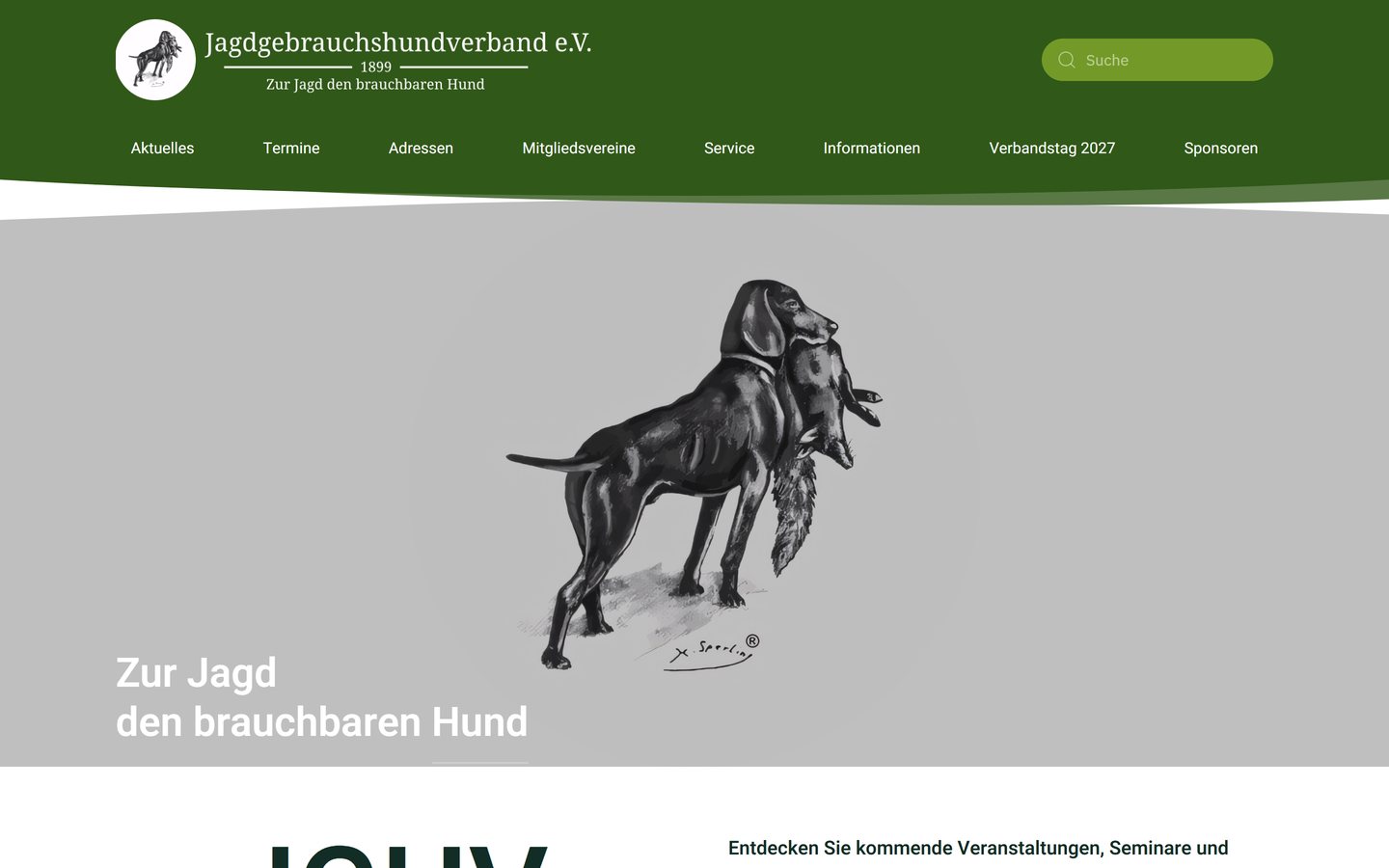 Startseite von jghv.de mit dem Leitsatz „Zur Jagd den brauchbaren Hund“