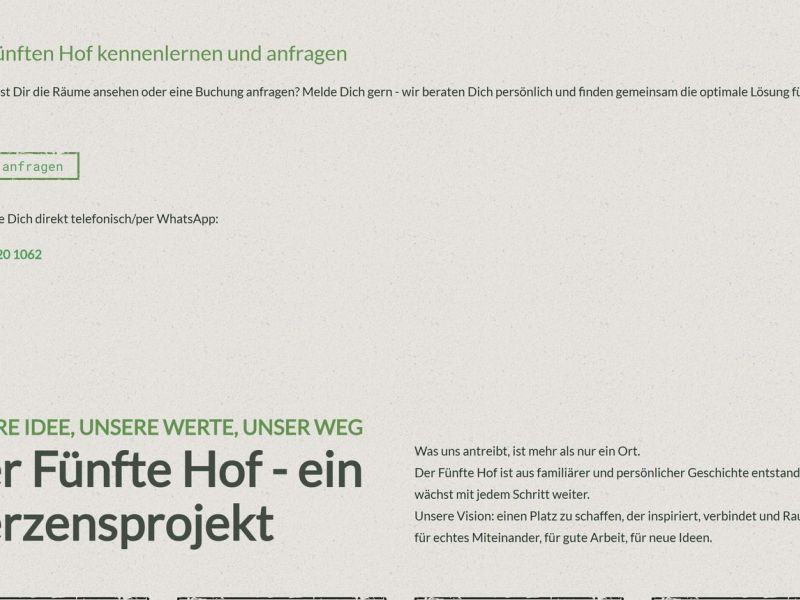 Abschnitt „Den Fünften Hof kennenlernen und anfragen“ mit dem Button „Räume anfragen“