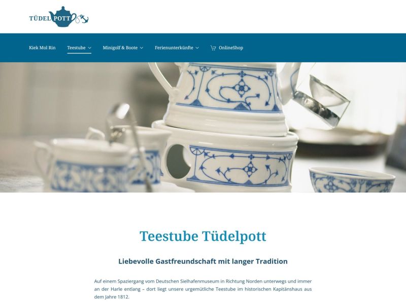 Seite „Teestube“ mit Tee- und Kaffeespezialitäten, Torten und Waffeln