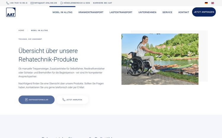 Bereich „Mobil im Alltag“ auf aat-online.de mit der Übersicht über die Rehatechnik-Produkte