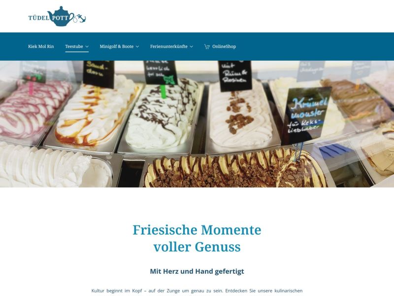 Seite „Tortenauswahl“ mit Torten, Tee- und Kaffeehauskultur und Eis