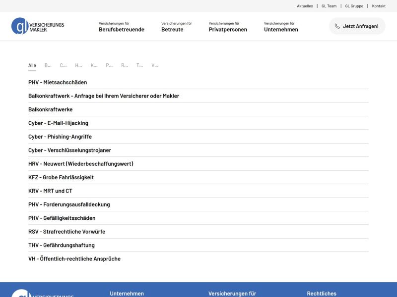 Glossar mit Filter nach Anfangsbuchstaben