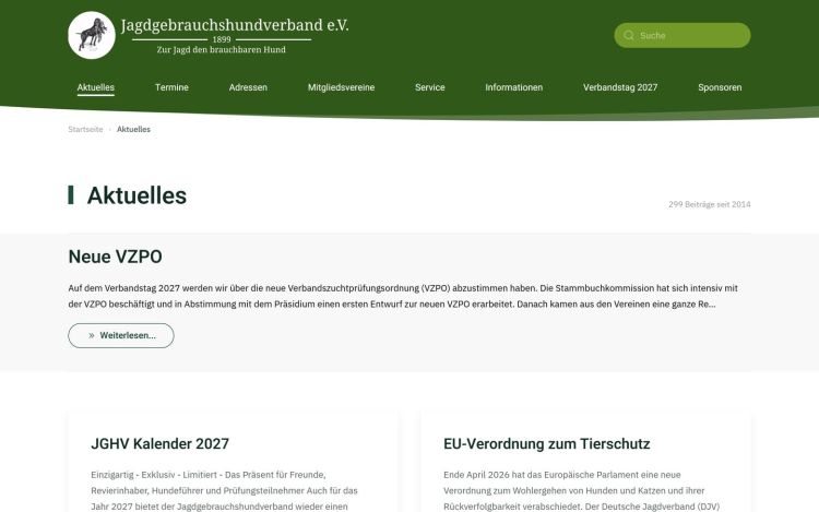Seite „Aktuelles“ auf jghv.de mit dem Kopf im Layout der Verbandspublikationen