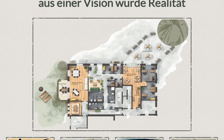 Grundriss des Coworkingspace auf fuenfterhof.de
